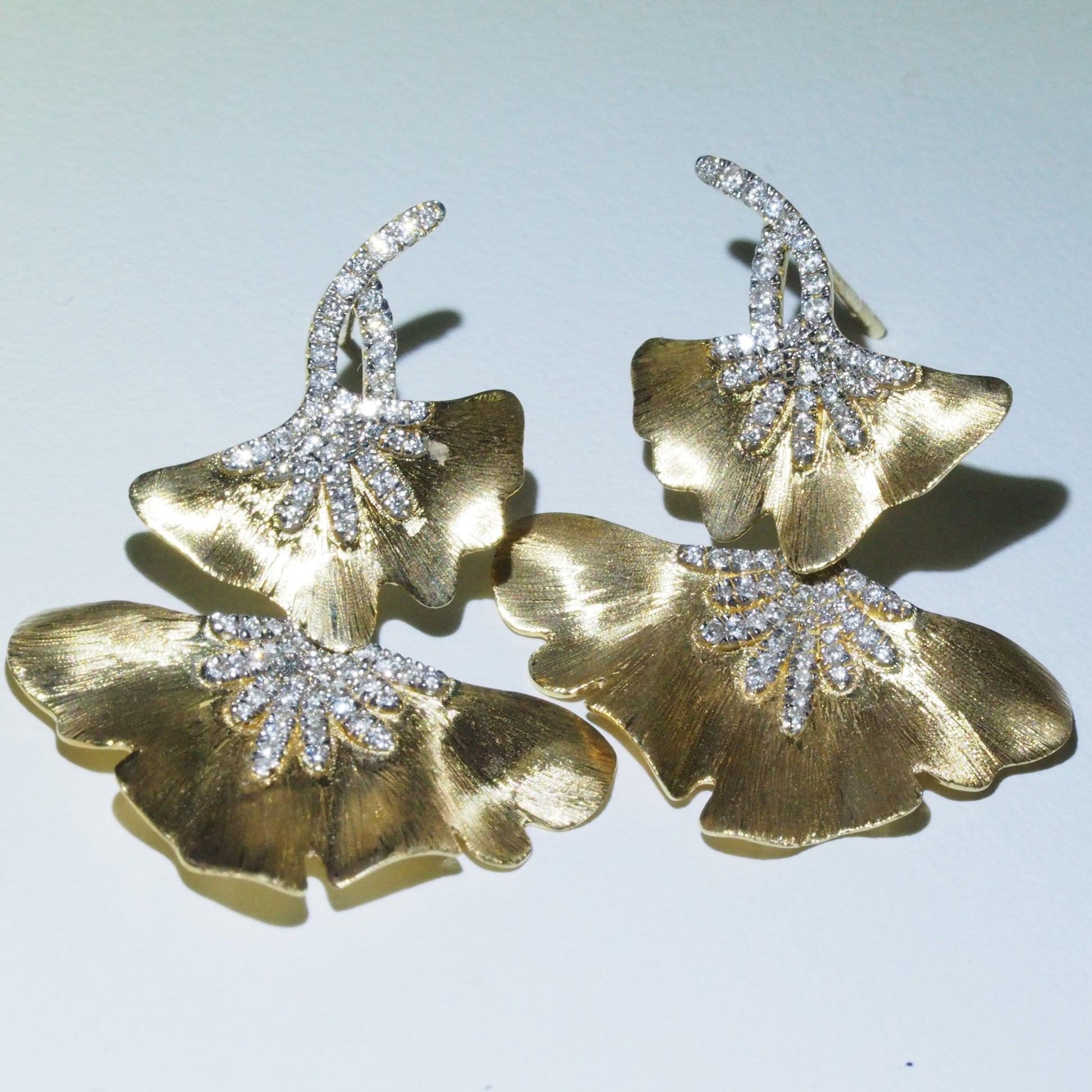 18K Gold Diamond Brushed Ginkgo Leaf Earrings | Tayam Jewellery