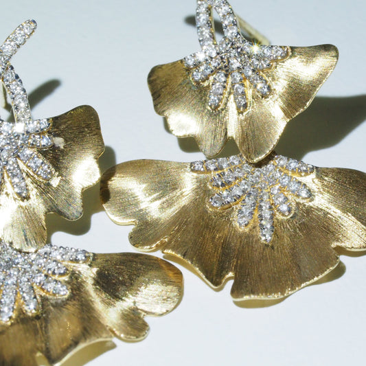 18K Gold Diamond Brushed Ginkgo Leaf Earrings | Tayam Jewellery