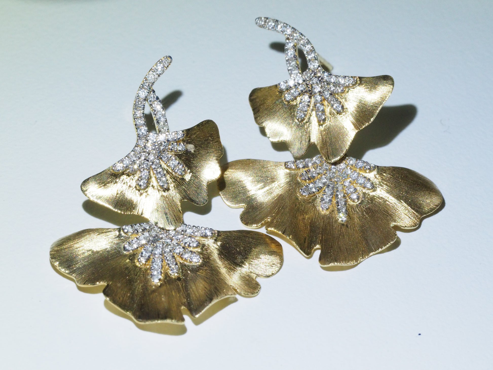 18K Gold Diamond Brushed Ginkgo Leaf Earrings | Tayam Jewellery