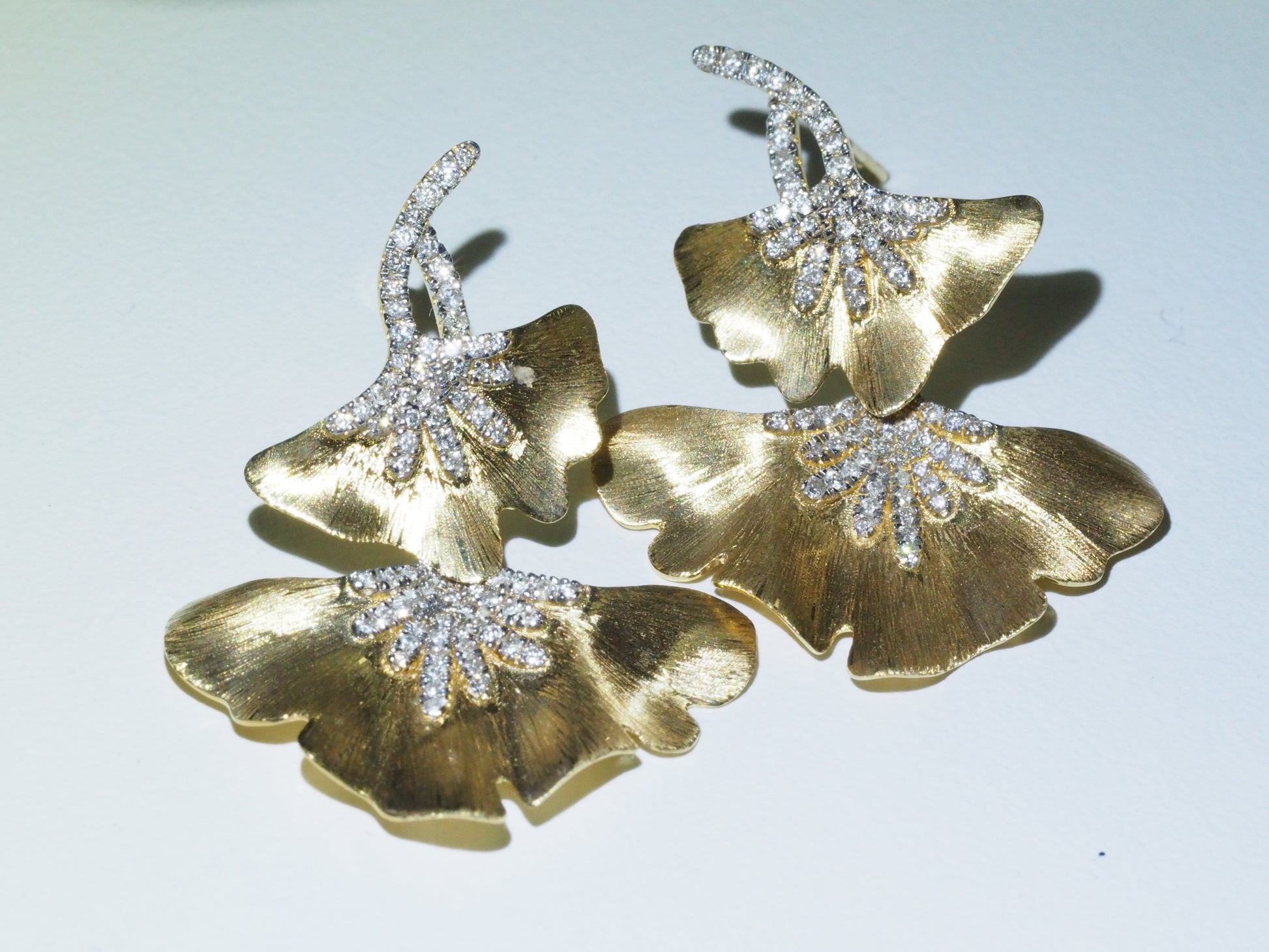 18K Gold Diamond Brushed Ginkgo Leaf Earrings | Tayam Jewellery