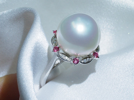 18K White Gold Natural South Sea Pearl Ring with Pink Spinel & Diamond Halo - Convertible to Pendant | Tayam Jewellery