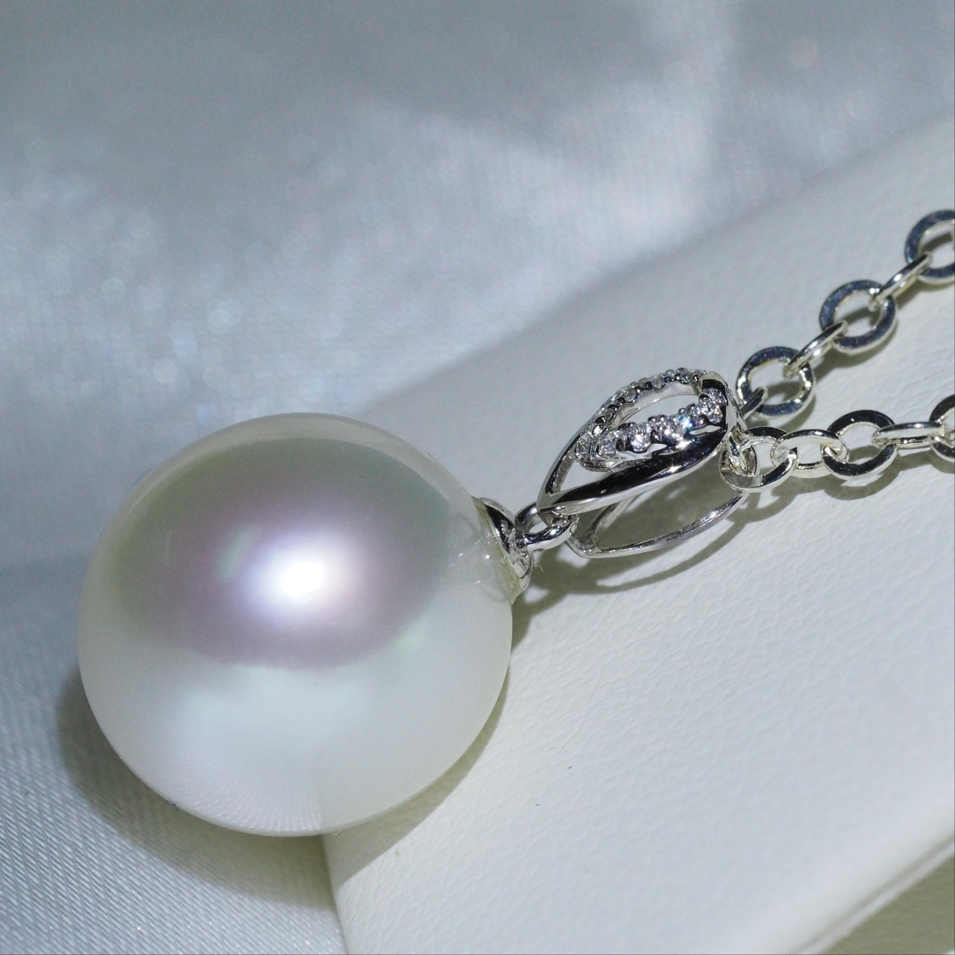 11.5-12mm South Sea pearl pendant side view — AAA lustre 18K white gold | Tayam Sydney CBD