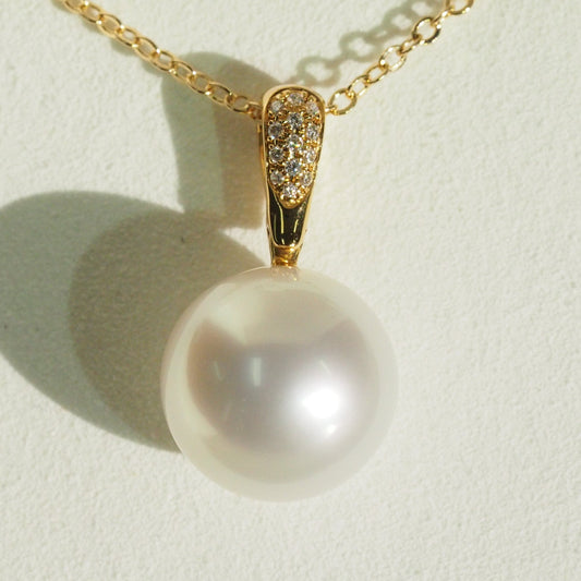 14-15mm round South Sea pearl pendant with natural diamonds — 18K yellow gold statement size | Tayam Sydney CBD