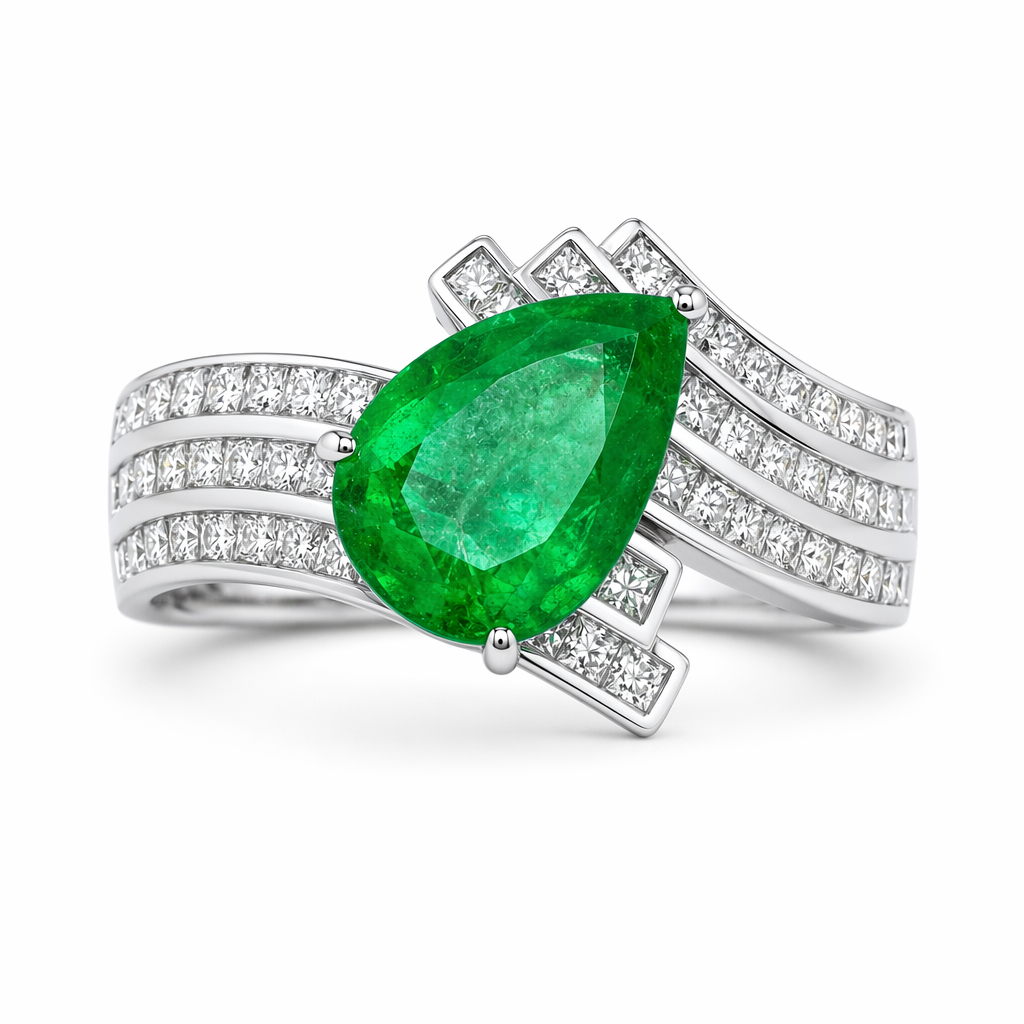 Pear-cut Zambian Vivid Green Emerald engagement ring with diamond crossover band in 18K white gold | Sydney CBD
