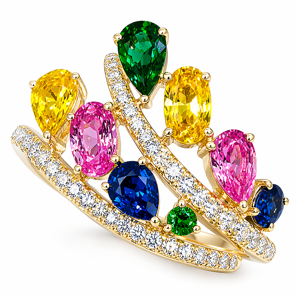 Multi-gemstone ring with yellow, blue, pink sapphires and green garnets in 14K gold | Sydney CBD
