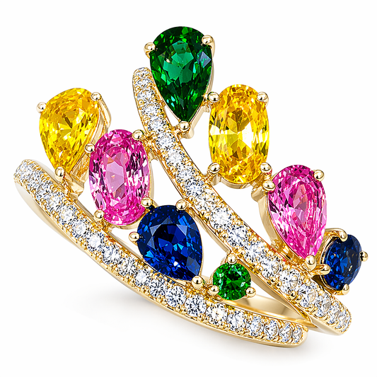 Multi-gemstone ring with yellow, blue, pink sapphires and green garnets in 14K gold | Sydney CBD