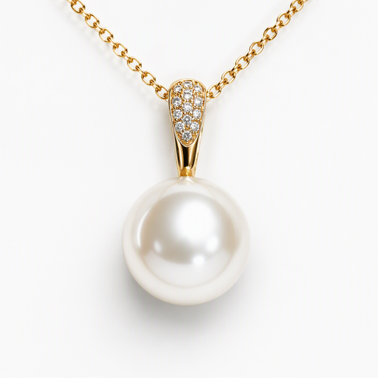 Large South Sea pearl pendant close-up — pink blue green overtones AAA lustre 18K yellow gold | Tayam Jewellery Sydney