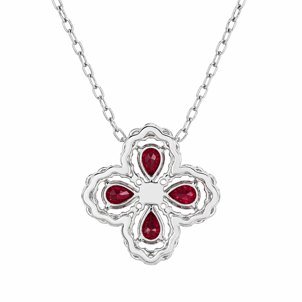 Ruby diamond clover necklace angled view showing 18K white gold setting detail