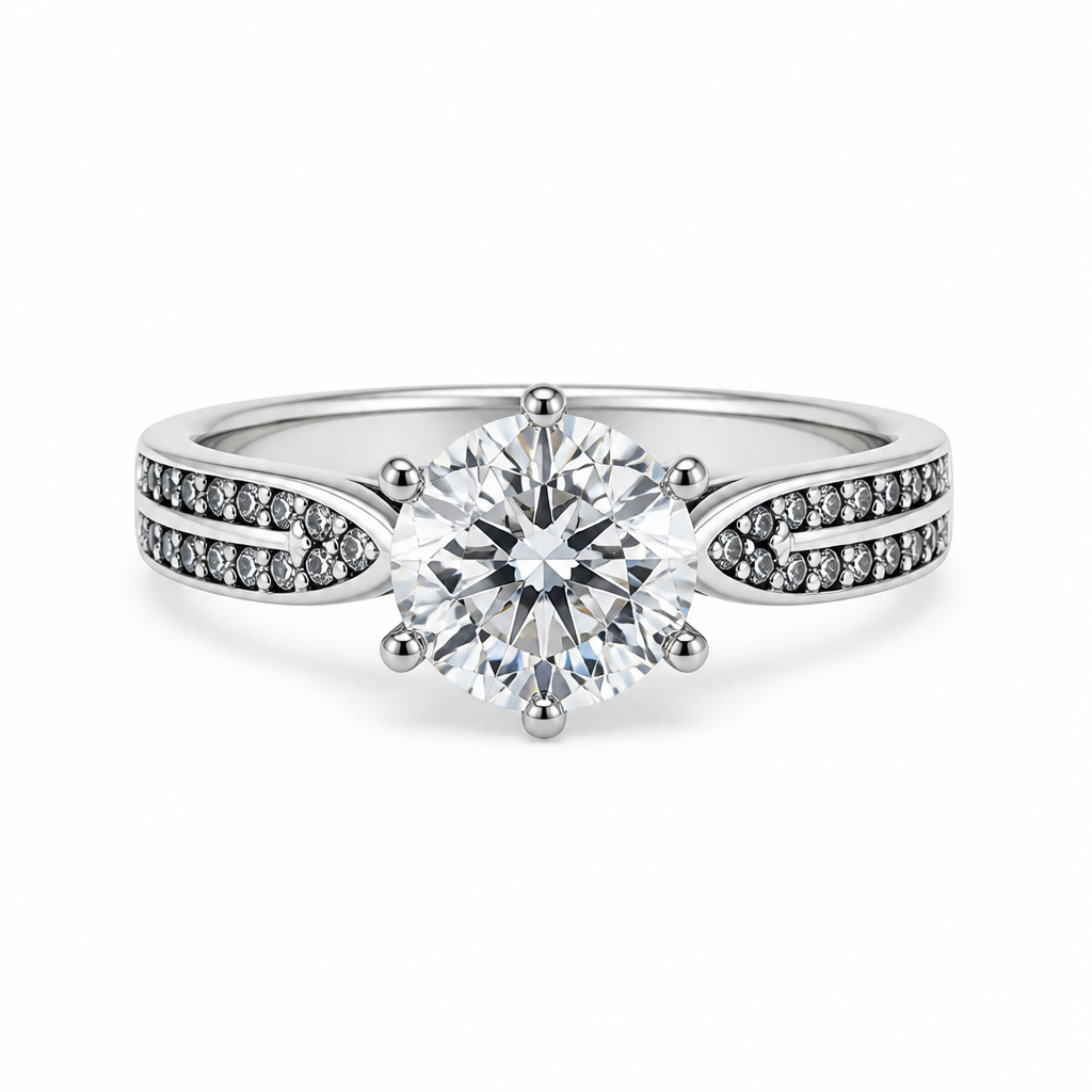 1ct round lab grown diamond solitaire engagement ring with double row pave band | Tayam