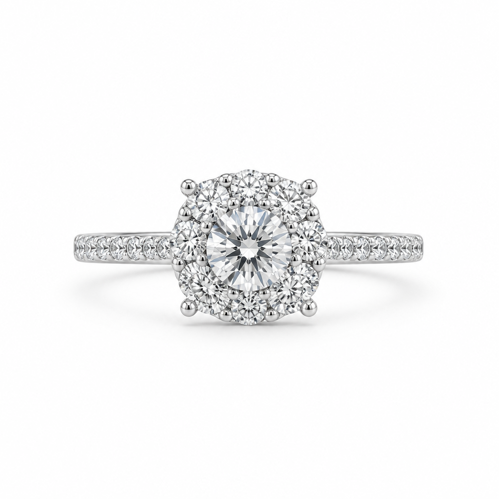 1ct round lab grown diamond grand halo engagement ring with pave band | Tayam Sydney