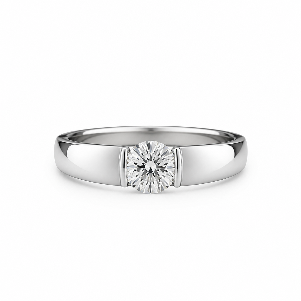 Plain platinum wedding band with single flush set diamond | Tayam Jewellery Sydney CBD