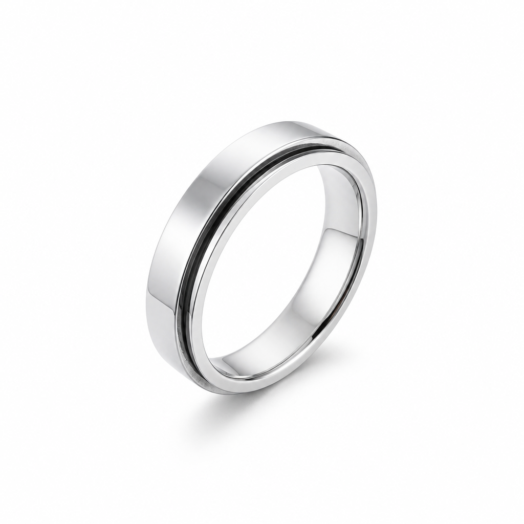 Platinum spinner ring close-up — plain polished unisex wedding band | Tayam Sydney