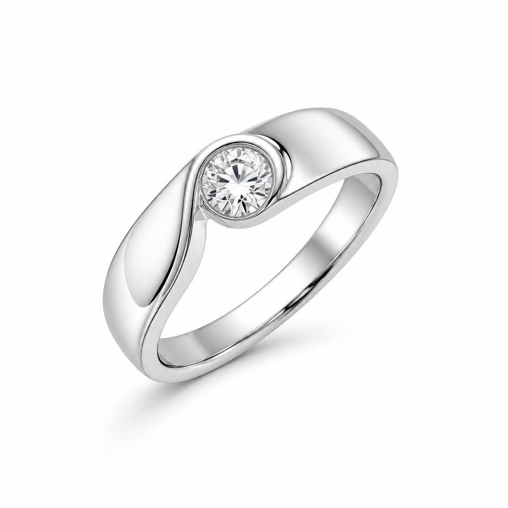 Wave platinum band close-up — single diamond wedding ring | Tayam Sydney