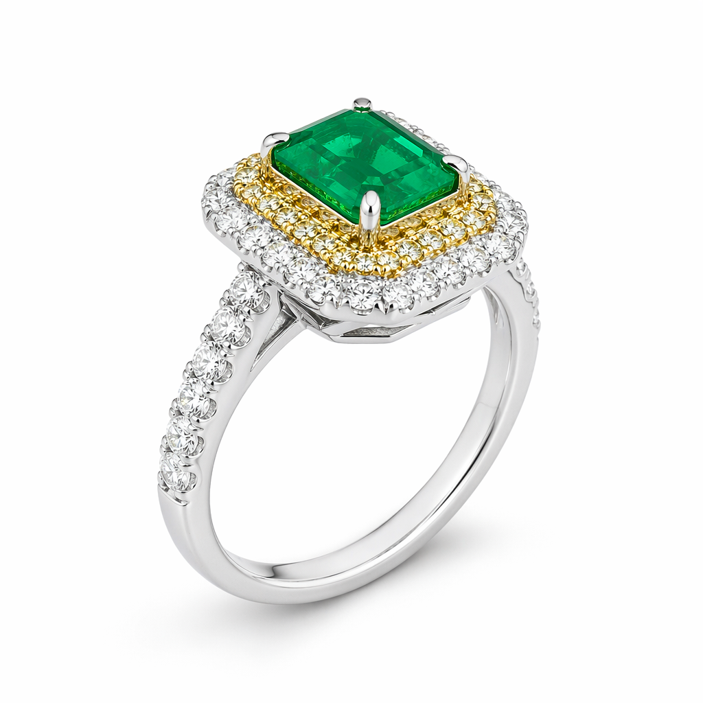 Emerald cut emerald ring top view — inner yellow diamond halo and outer white diamond halo | Tayam Sydney