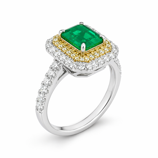 Emerald cut emerald ring top view — inner yellow diamond halo and outer white diamond halo | Tayam Sydney