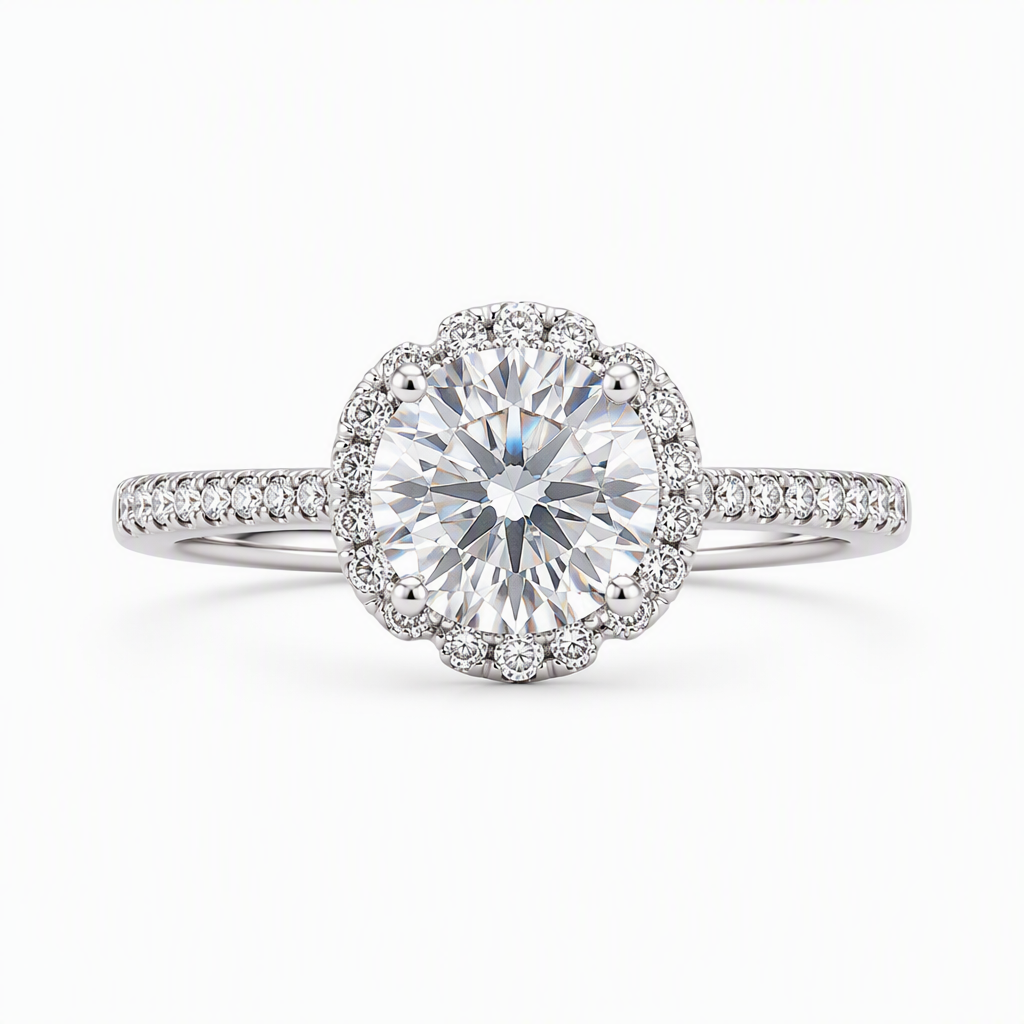 1ct round lab grown diamond flower halo engagement ring with diamond band | Tayam Sydney