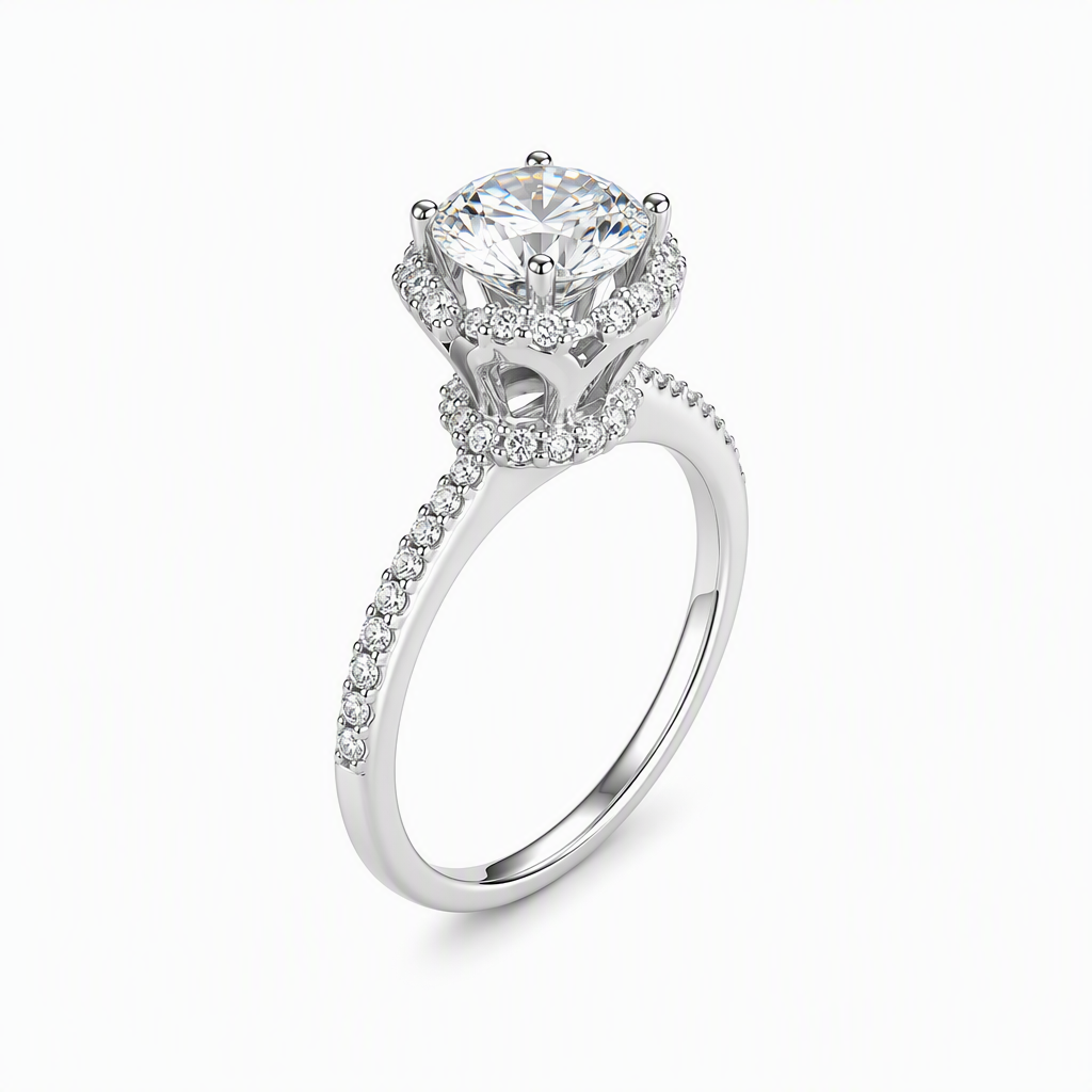 Floral halo engagement ring side view — pave band bespoke Sydney CBD | Tayam Jewellery