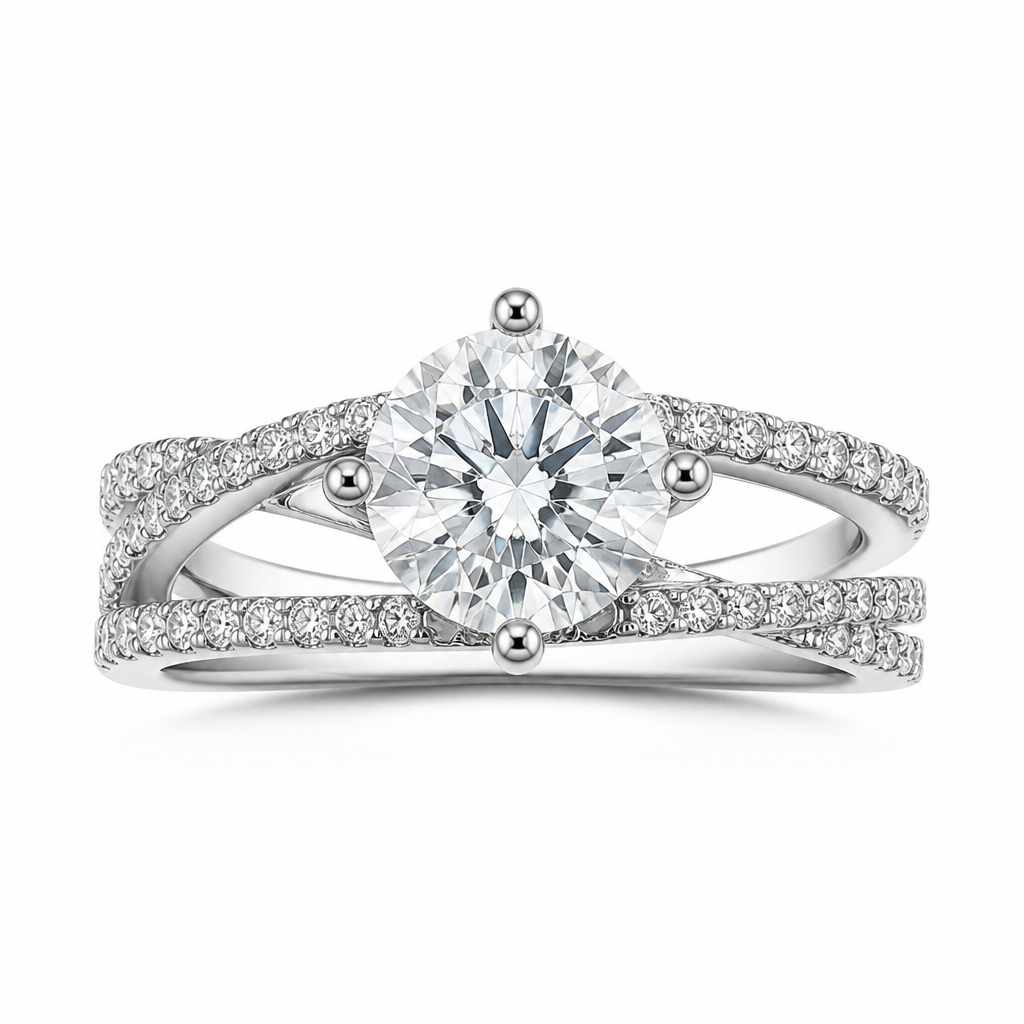 1ct round lab grown diamond four claw engagement ring with ribbon diamond band | Tayam