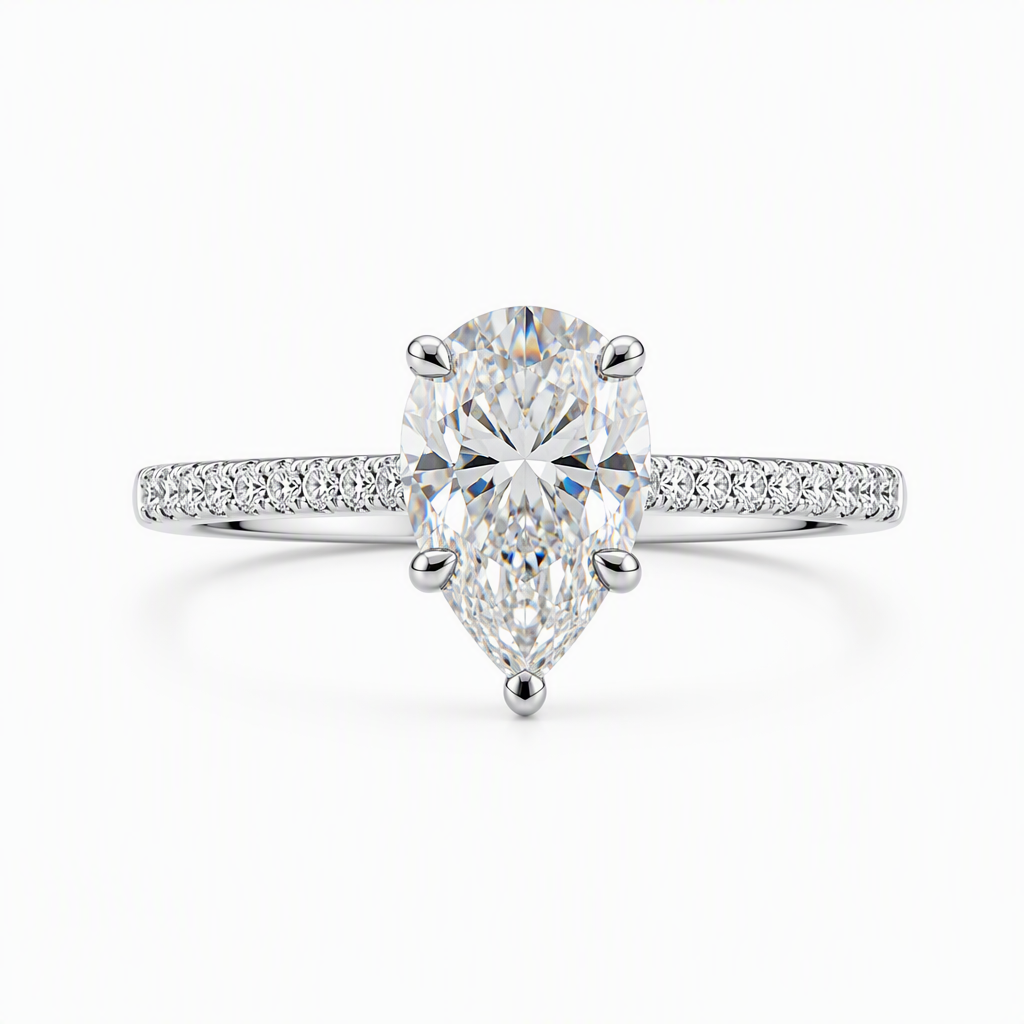 1.5ct pear cut lab grown diamond solitaire engagement ring with pave band | Tayam Sydney