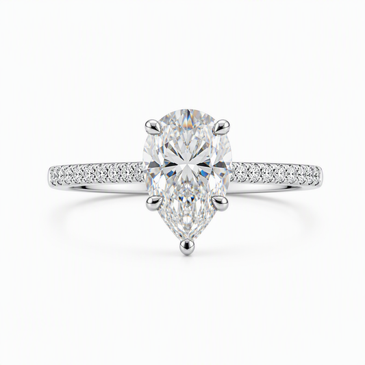 1.5ct pear cut lab grown diamond solitaire engagement ring with pave band | Tayam Sydney