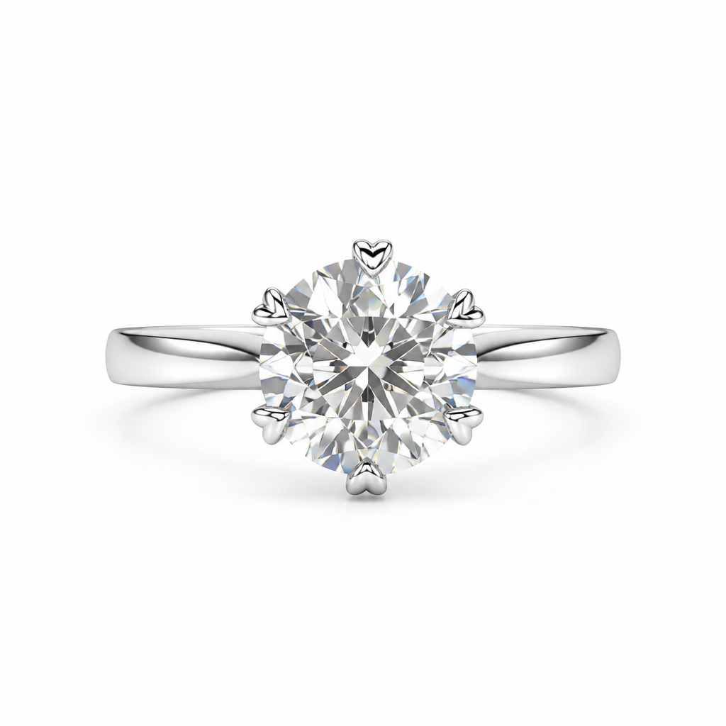 1ct round lab grown diamond solitaire engagement ring with heart shaped claws | Tayam