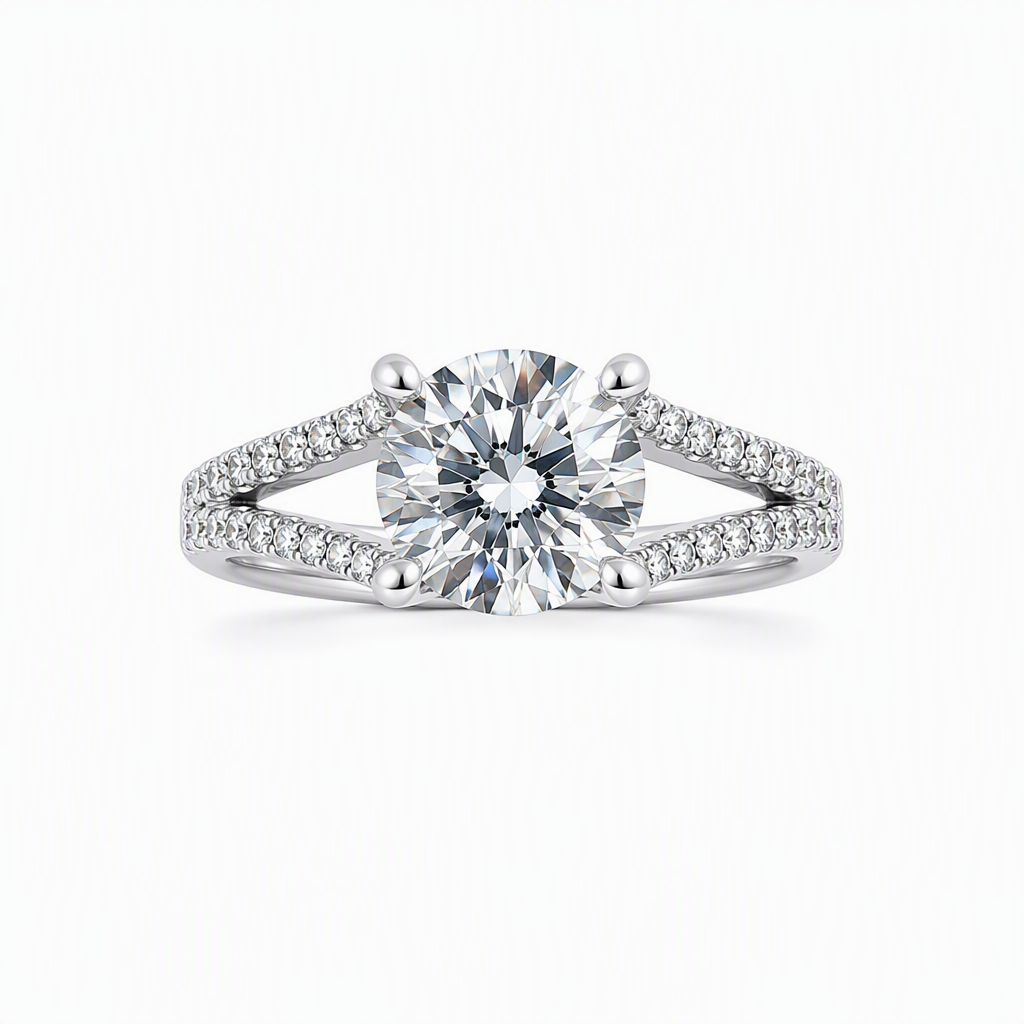 1ct round lab grown diamond four claw engagement ring on split double band | Tayam