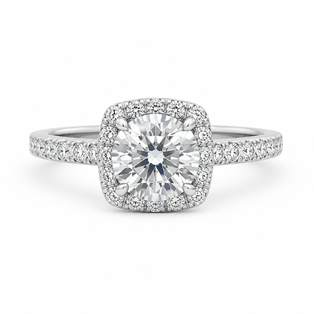 1ct round lab grown diamond cushion halo engagement ring with diamond band | Tayam
