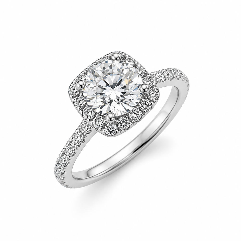 Cushion halo around round diamond close-up — 1ct D/E VVS lab grown | Tayam Sydney