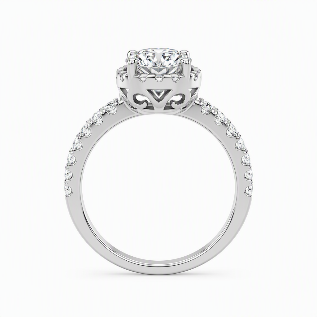 Cushion halo engagement ring side profile — bespoke Sydney CBD | Tayam Jewellery