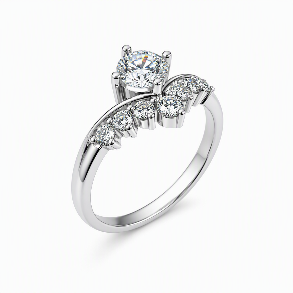 1ct round lab grown diamond tiara crown engagement ring with V shape band | Tayam