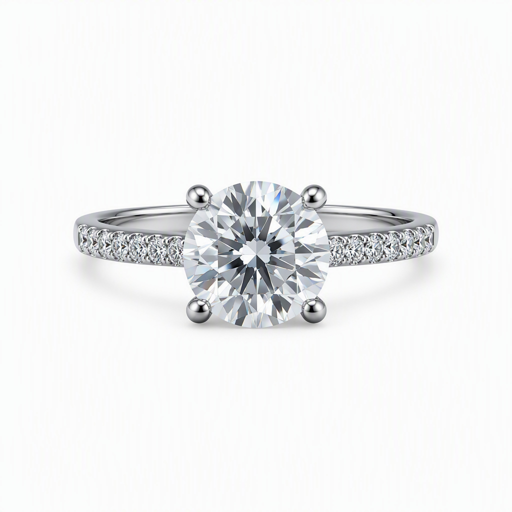 1.5ct round lab grown diamond solitaire engagement ring with pave diamond band | Tayam