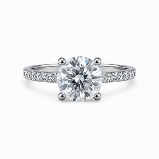 1.5ct round lab grown diamond solitaire engagement ring with pave diamond band | Tayam