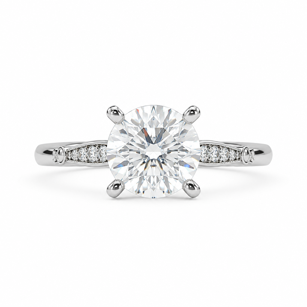 1ct round lab grown diamond four claw solitaire engagement ring with diamond band | Tayam