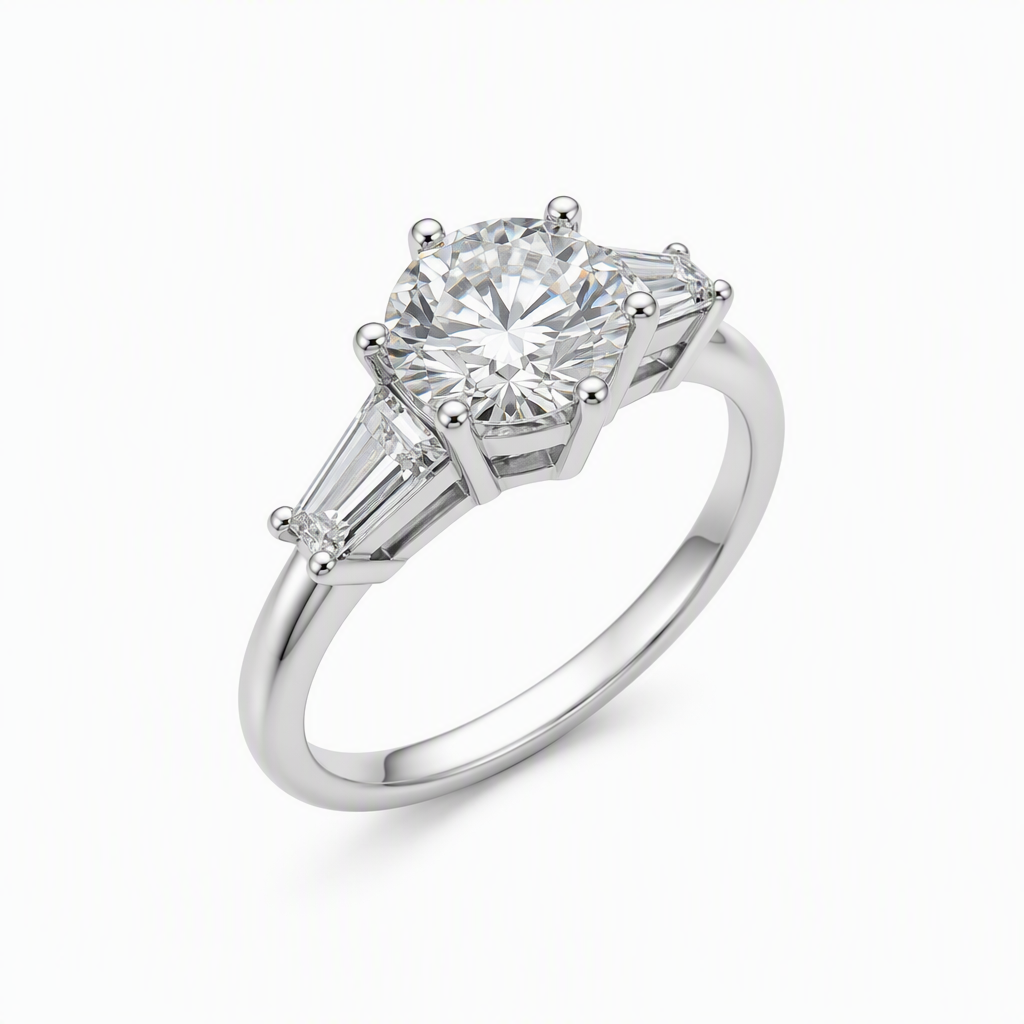 Baguette side stones close-up — 1ct D/E VVS lab grown centre diamond | Tayam Sydney