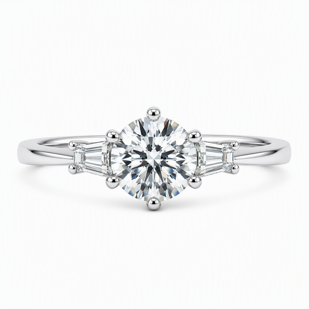 1ct round lab grown diamond three stone engagement ring with baguette side stones | Tayam