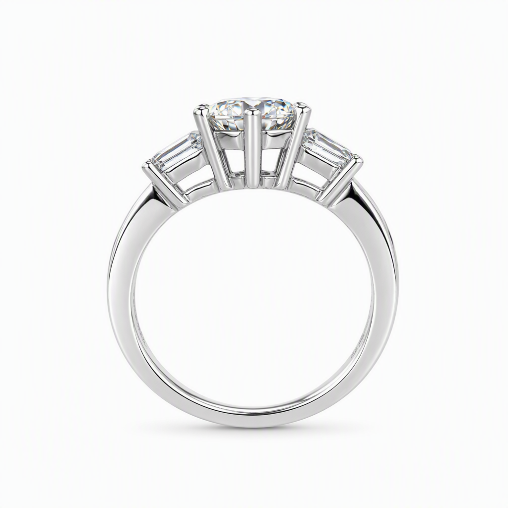 Baguette trilogy ring side profile — bespoke engagement ring Sydney CBD | Tayam