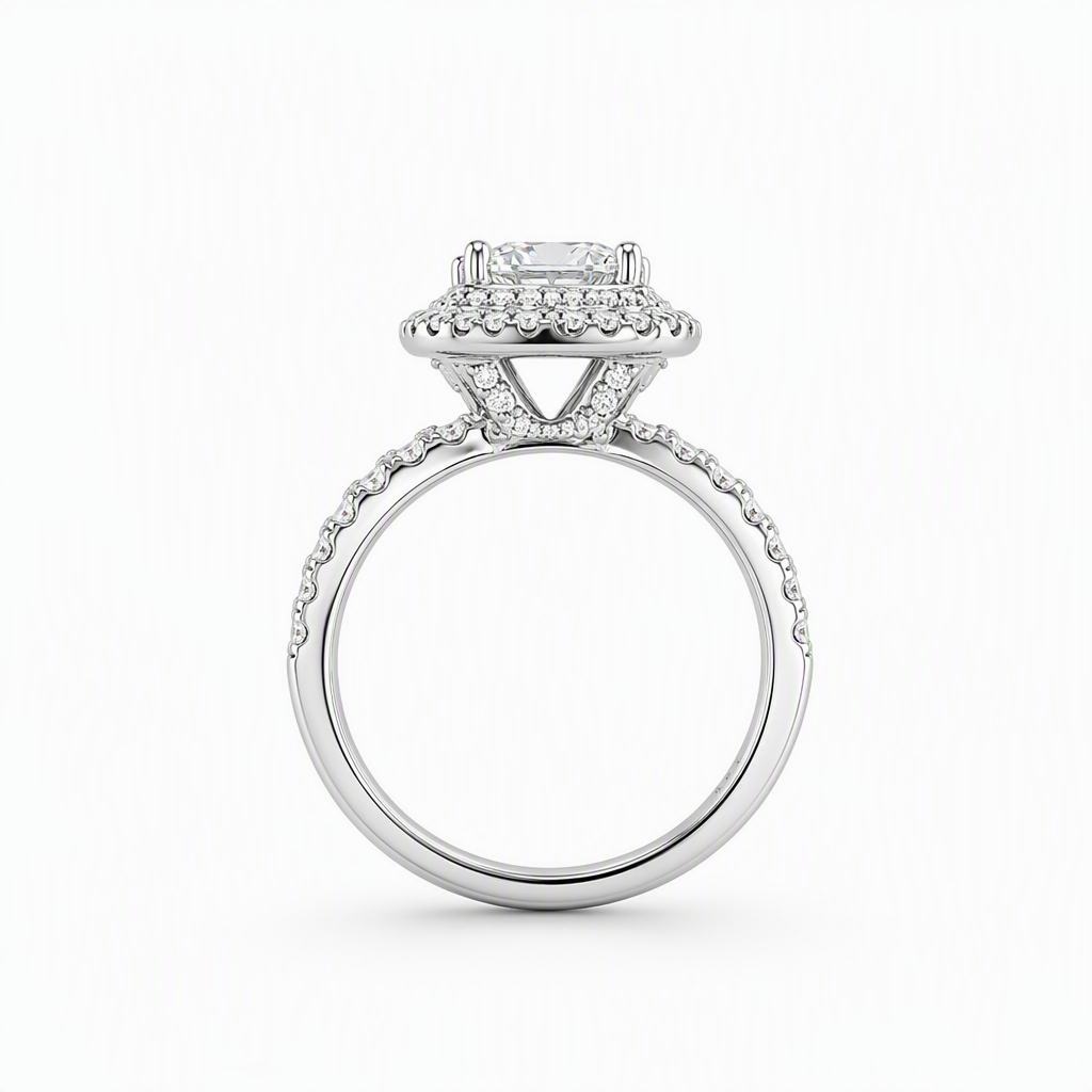 Double halo princess ring side profile — diamond set basket Sydney CBD | Tayam