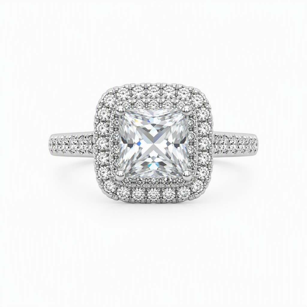 2ct princess cut lab grown diamond double halo engagement ring | Tayam Sydney CBD