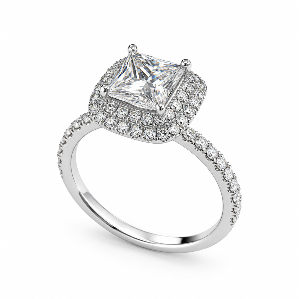 Princess cut double halo close-up — 2ct D/E VVS lab grown diamond | Tayam Sydney