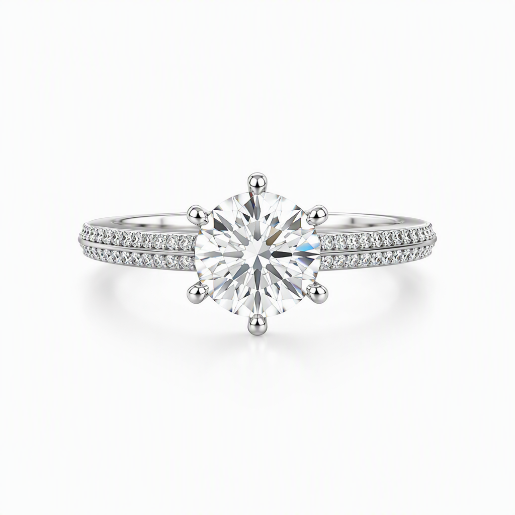 1ct round lab grown diamond six claw engagement ring with knife edge diamond band | Tayam