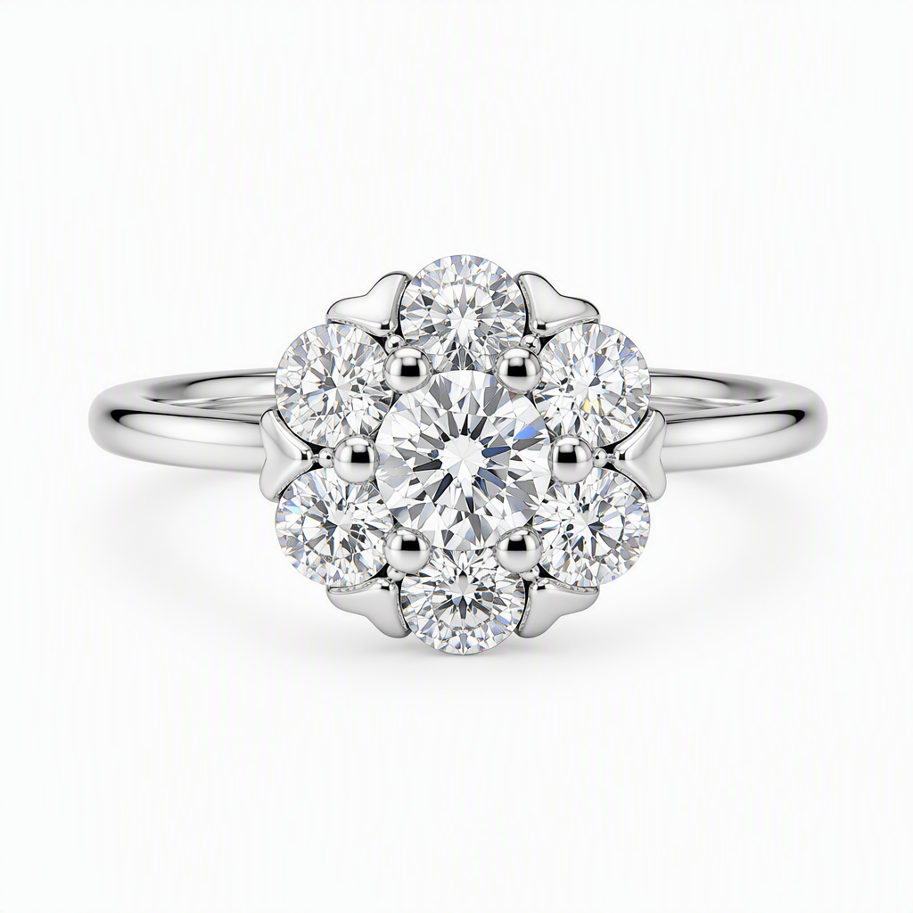 Lab grown diamond flower cluster engagement ring with heart cut petals | Tayam Sydney