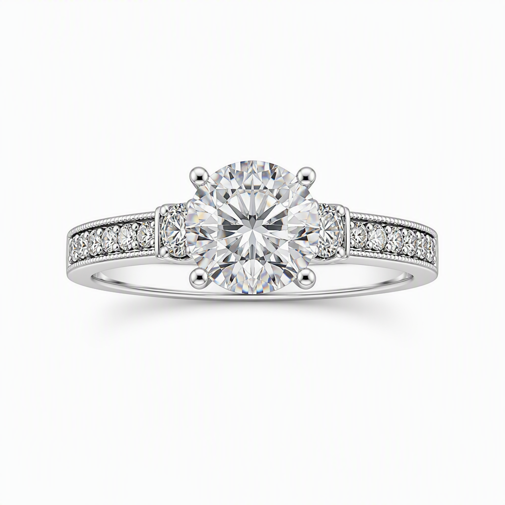 1ct round lab grown diamond three stone engagement ring with pave diamond band | Tayam