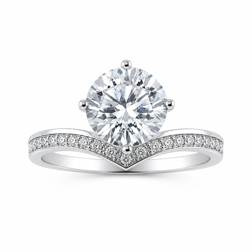 1.5ct round lab grown diamond four claw engagement ring with V shape diamond band | Tayam