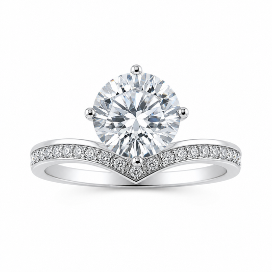 1.5ct round lab grown diamond four claw engagement ring with V shape diamond band | Tayam