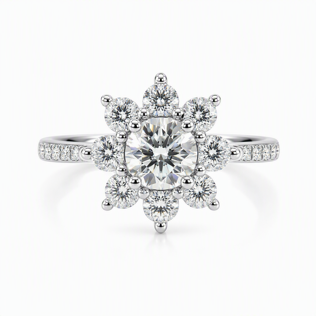 1ct round lab grown diamond sunflower halo engagement ring with diamond band | Tayam Sydney