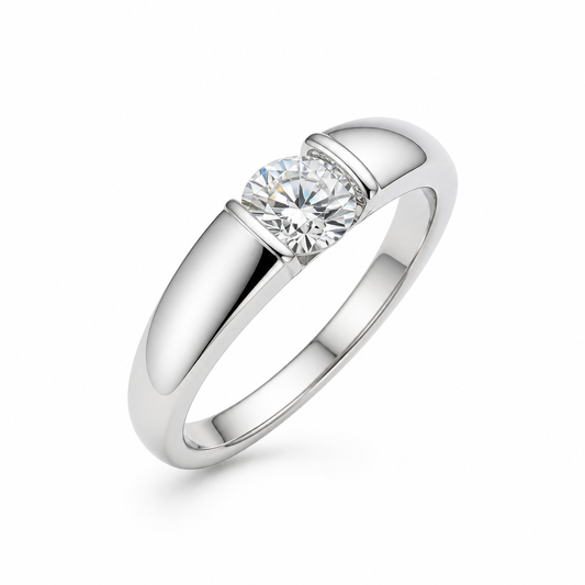 Wide plain band ring close-up — half carat D/E VVS lab grown diamond | Tayam