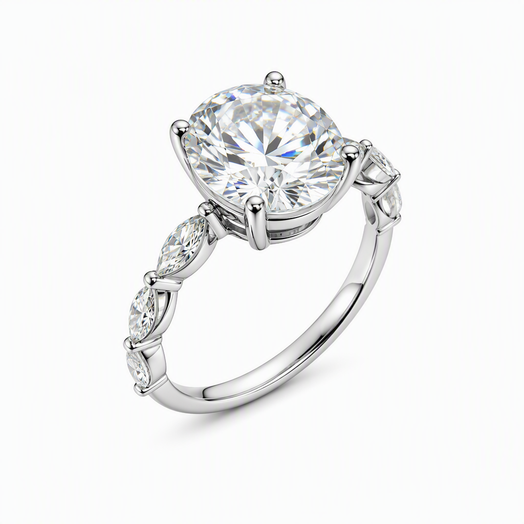 Marquise and round accent band close-up — 1.5ct oval D/E VVS lab grown | Tayam