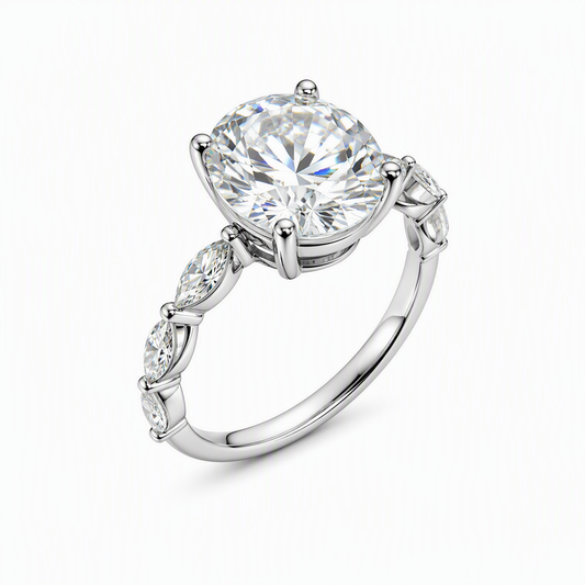Marquise and round accent band close-up — 1.5ct oval D/E VVS lab grown | Tayam