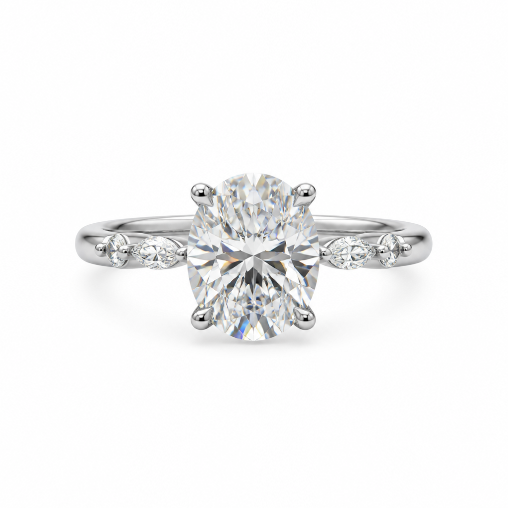 1.5ct oval lab grown diamond engagement ring with marquise diamond band | Tayam Sydney
