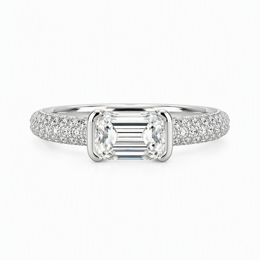 1ct emerald cut lab grown diamond engagement ring with honeycomb diamond band | Tayam